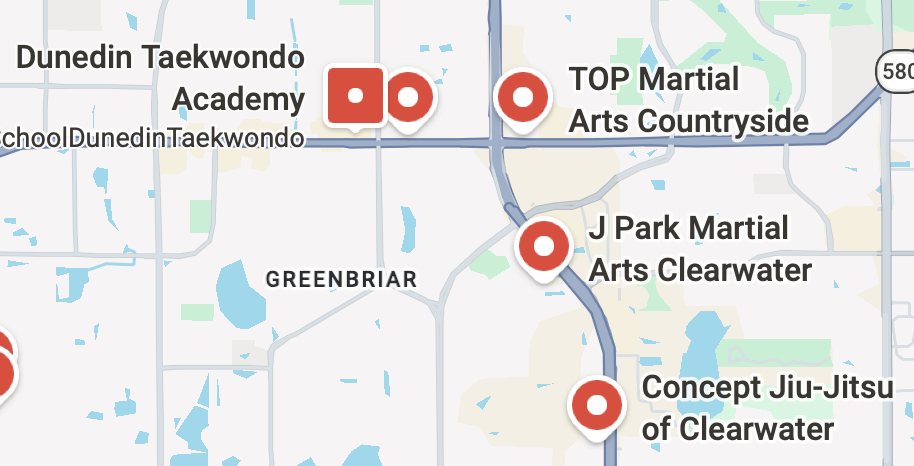map clearwater martial arts schools on map